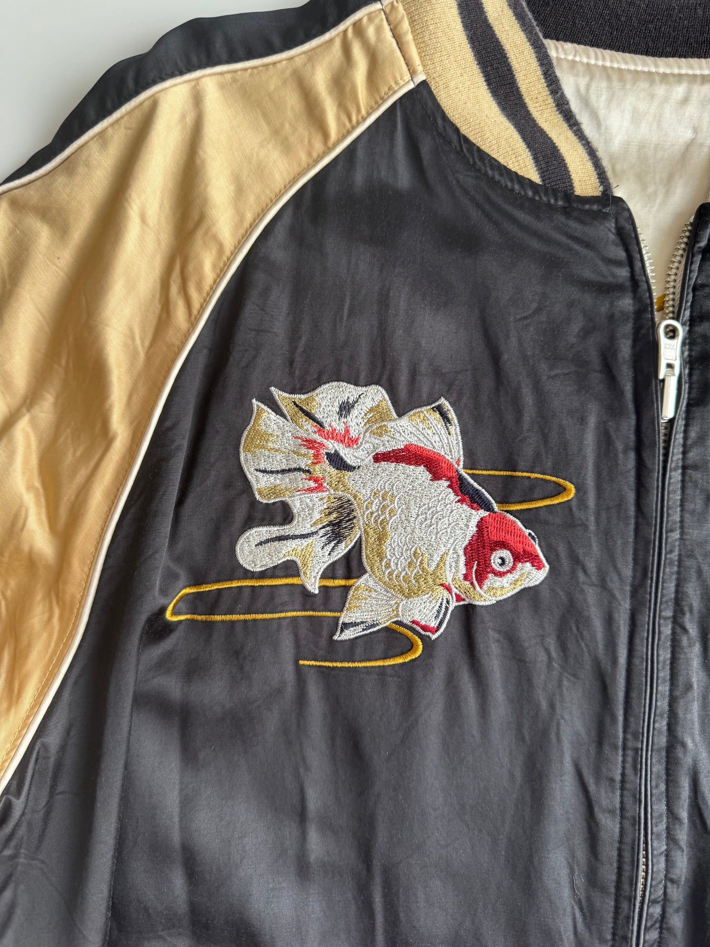 Vintage Karakuri Tamashii Reversible Sukajan Jacket L Dragon Fuji Goldfish Lotus Embroidered Japanese Souvenir Bomber