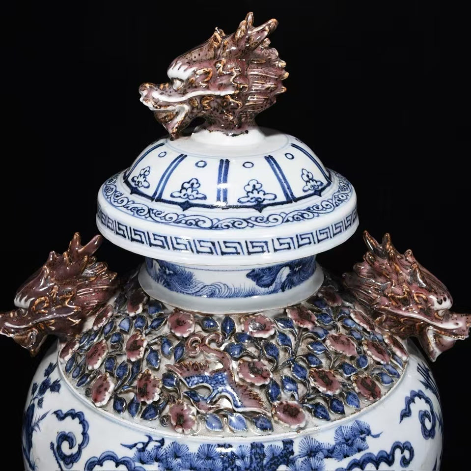 Yuan Dynasty–Style Blue & White Dragon Jar — Applied Dragon Handles & Lid — Monumental 40 cm Classical Revival Vessel