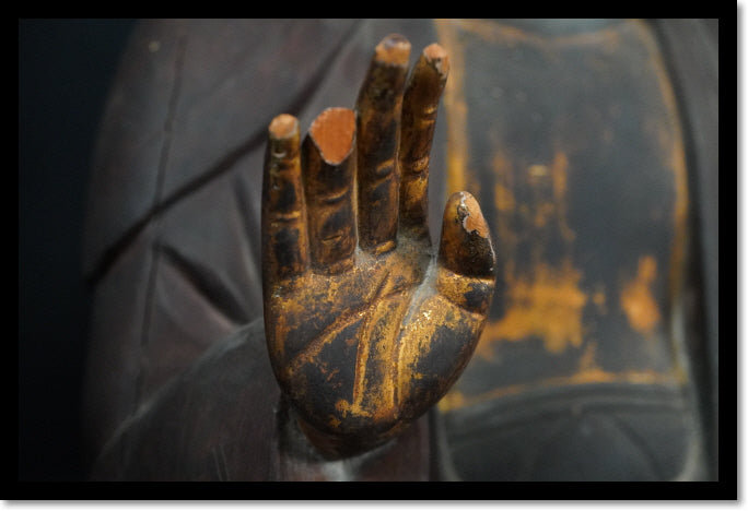 Large Seated Kannon Bosatsu with Gyokugan Crystal Eyes — 42cm Antique Carved Wood Figure, Serene Tang-Style Calm, Collector-Grade Presence