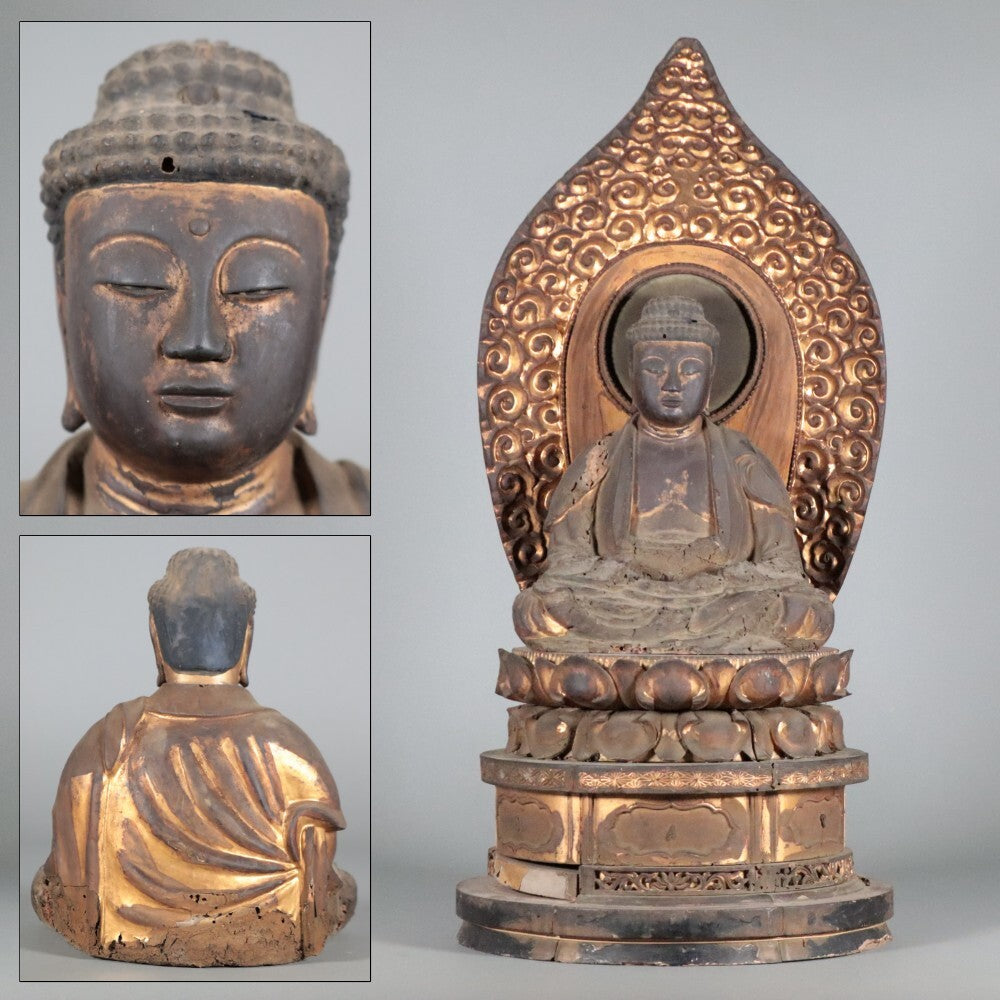 Muromachi-Period Wooden Amida Nyorai — Gilt Polychrome Seated Buddha Sculpture
