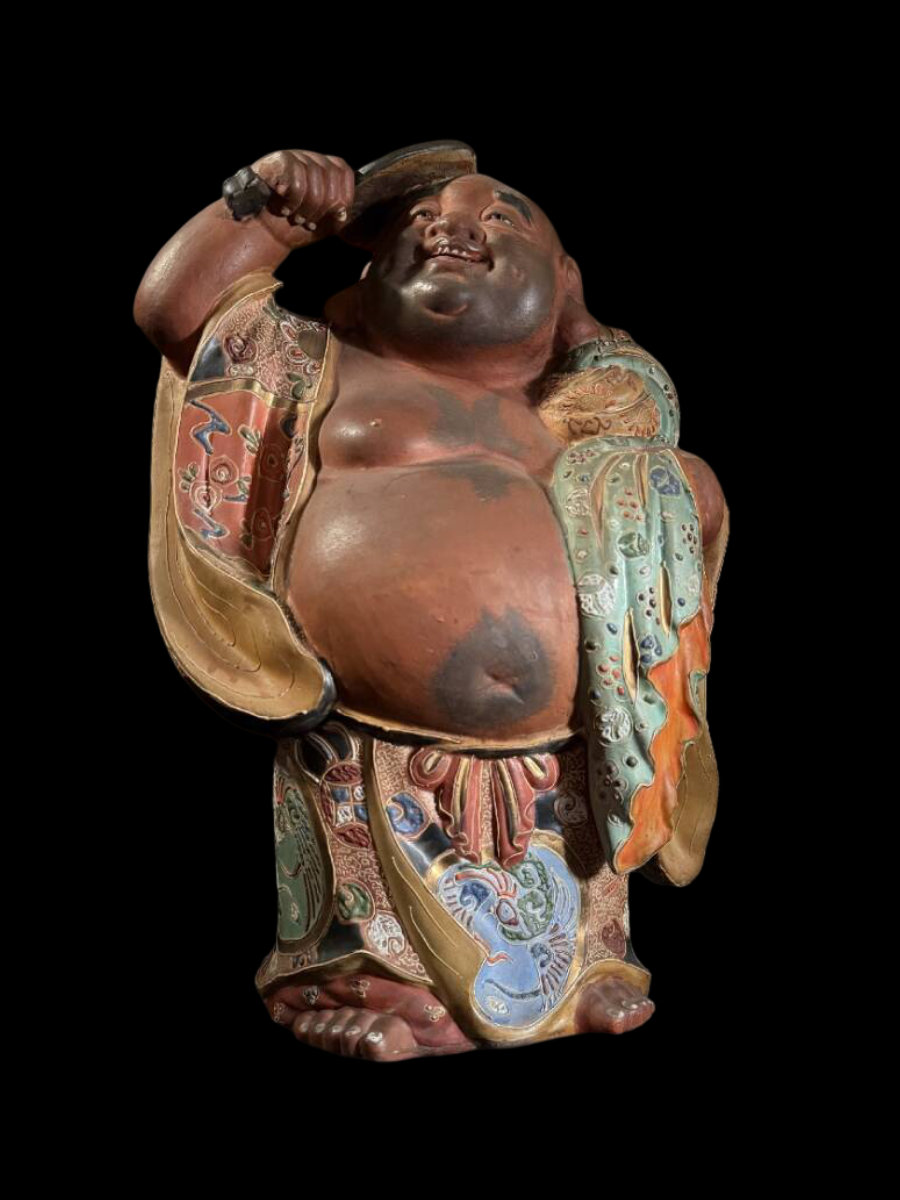 Kutani Ware Hotei Figure | Seven Gods of Fortune | Gilded Polychrome Ceramic Sculpture | Approx. 38 cm