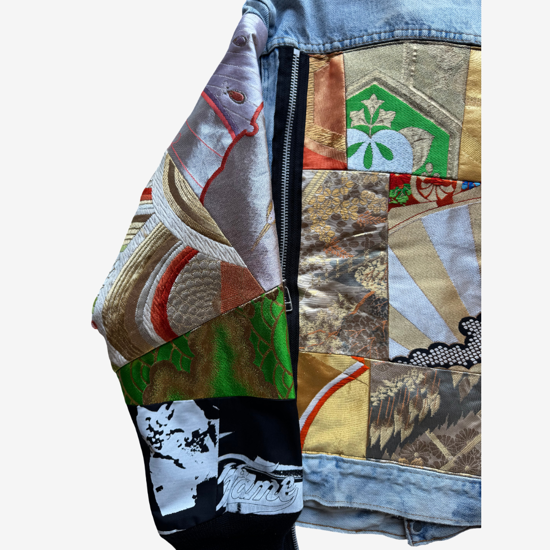 COTÉ MER Kimono Obi Patchwork Denim Remake Jacket L XL Japanese Design Harajuku Streetwear Wearable Art