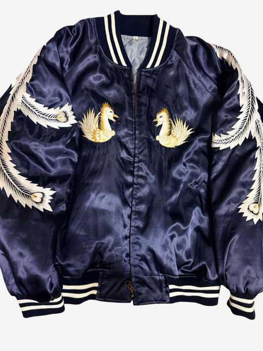Rare 1997 Prince Shokai 50th Anniversary Yokosuka Sukajan Phoenix Palm Tree Embroidered Navy Satin Jacket Size L