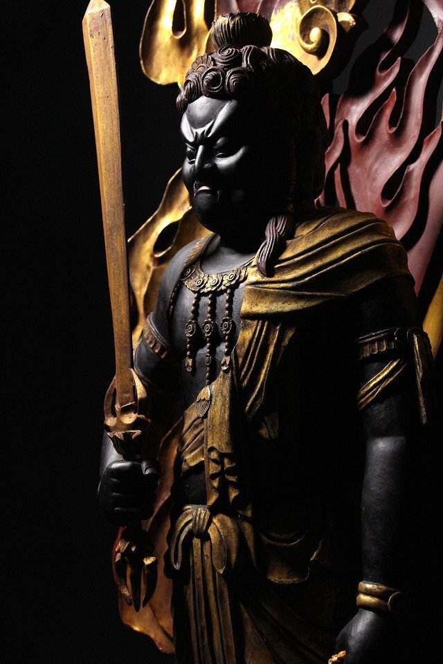 Monumental Polychrome Fudo Myoo (Acala) Standing Guardian — Carved Wood Statue (~127 cm)