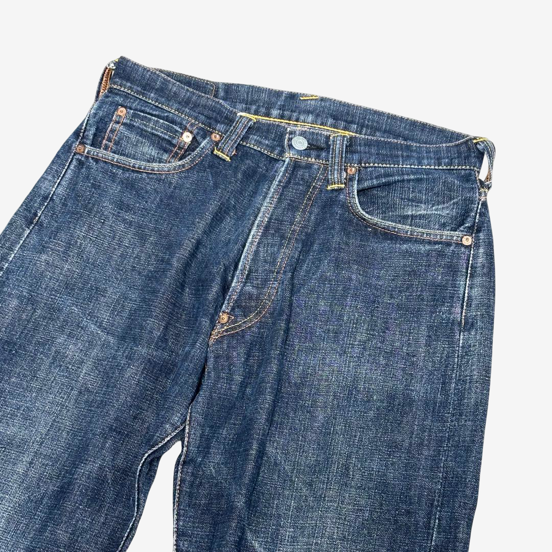 EVISU by YAMANE Vintage Indigo Denim Jeans with Gold Japanese Brocade Daicock Gull