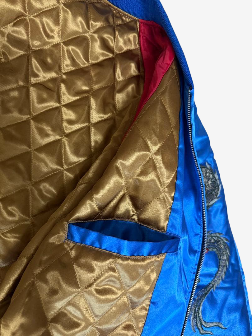 Hoshihime 星姫 Vintage Japanese Dragon Sukajan Jacket Electric Blue Satin Embroidered Padded XL LL