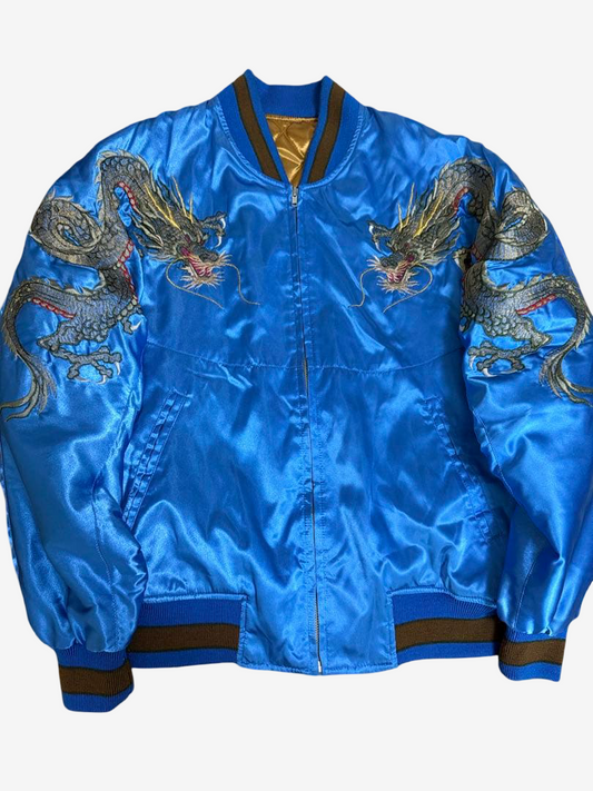 Hoshihime 星姫 Vintage Japanese Dragon Sukajan Jacket Electric Blue Satin Embroidered Padded XL LL