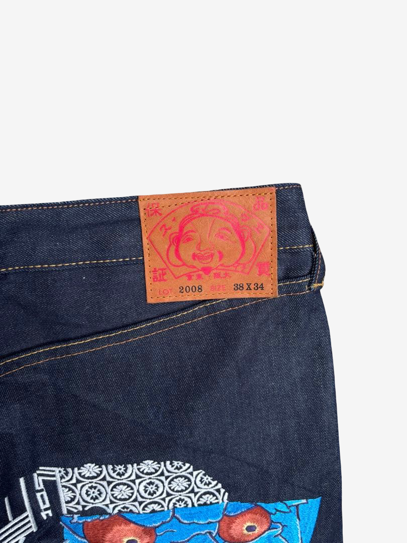 EVISU Lot 2008 Rare Japanese Oni Mask Patchwork Indigo Denim Jeans 38x34