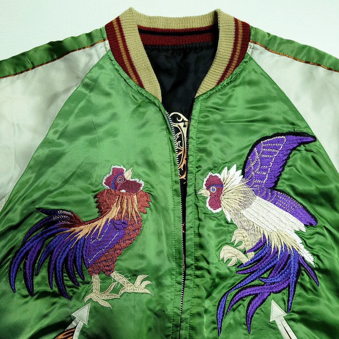 HIGH FASHION DESIGNER JEAN PAUL GAULTIER VINTAGE JAPANESE GREEN FRANCE PARIS NIWATORI CHICKEN FRANCE FLOWERS JAPAN TATTOO ART EMBROIDERY EMBROIDERED BOMBER SUKAJAN SOUVENIR JACKET (SIZE: 40 / M)