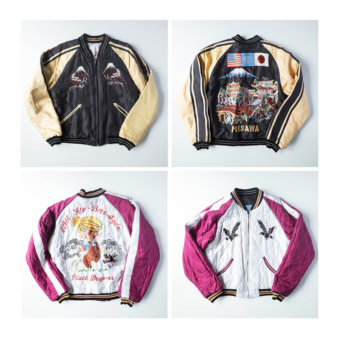 VINTAGE TAILOR TOYO JAPANESE JAPAN-USA FRIENDSHIP SUKAJAN US MISAWA BASE JAPANESE GARDEN MT FUJI FUJISAN KYOTO PAGODA TEMPLE 429TH FIGHTER-BOMBER SQUADRON BLACK DRAGONS MEMORIAL SOUVENIR EMBROIDERED SUKAJAN JACKET ( SIZE M )