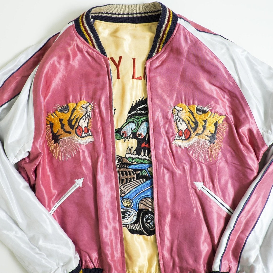 JAPANESE VINTAGE TAILOR TOYO PINK TIGER TORA HOTROD CAR CHEVY LOVER EMBROIDERED SUKAJAN SKAJAN JACKET ( Size : L )