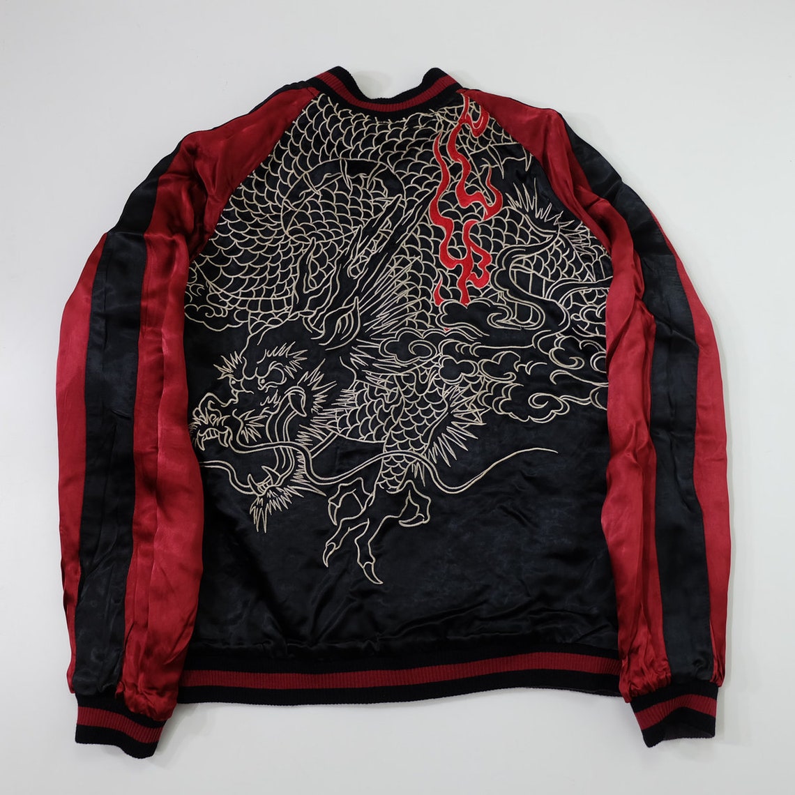 Sexy Dope Vintage Brown Red Black SATORI Japanese Japan Dragon Ball Ryu Dope Sick Cloud Embroidered Tattoo Art Design Rockstar Yakuza Yanki Embroidery Yokosuka Jumper Sukajan Souvenir Jacket ( Size : M )
