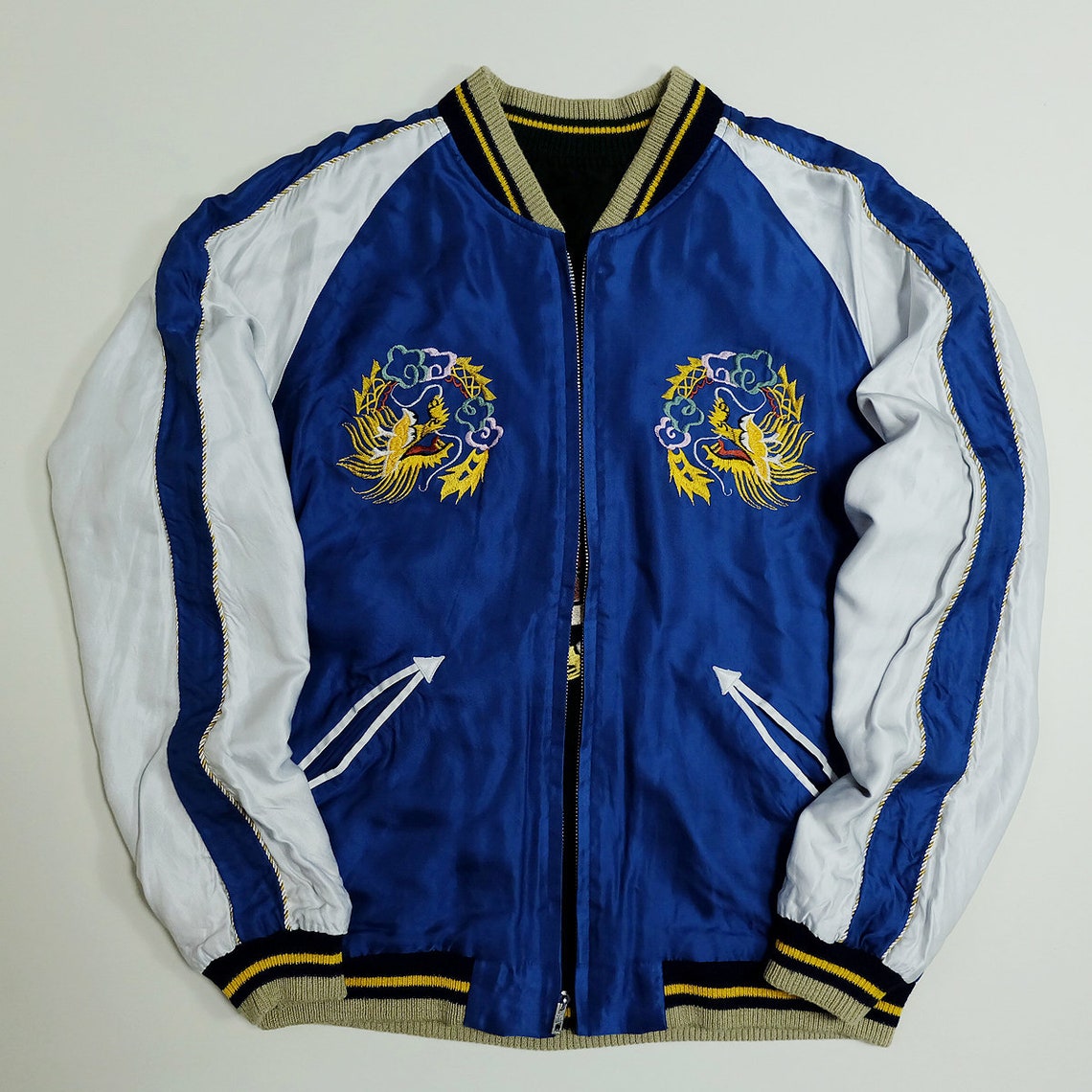 Vintage Japanese Japan Tailor Toyo Roaring Standing Tiger Tora Eagle Hawk Dragon Ryu Taka Washi Tattoo Art Embroidery Embroidered Bomber Sukajan Souvenir Jacket ( Size : L )
