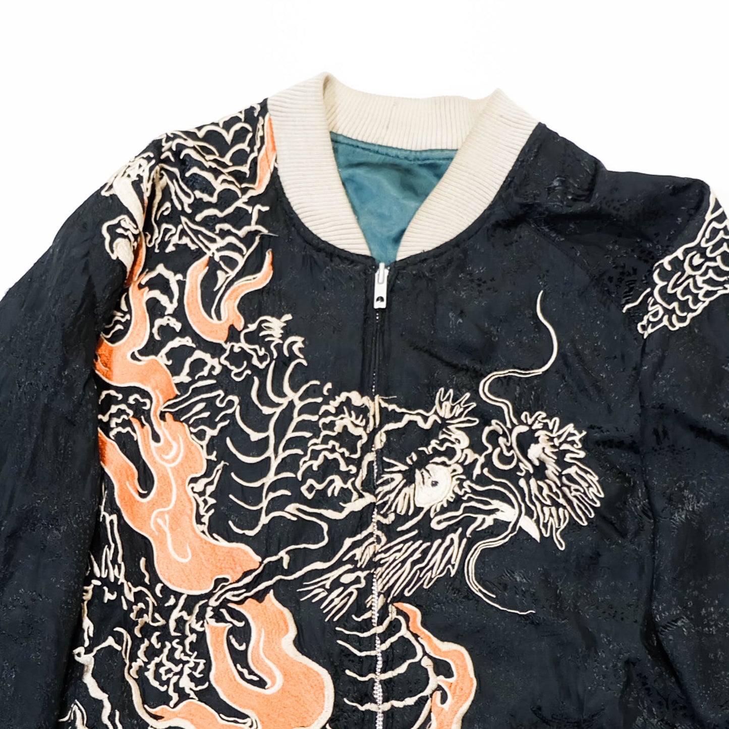 Japanese Sukajan Jacket XL Dragon & Koi Carp Water Wave Embroidery Reversible Yokosuka Bomber
