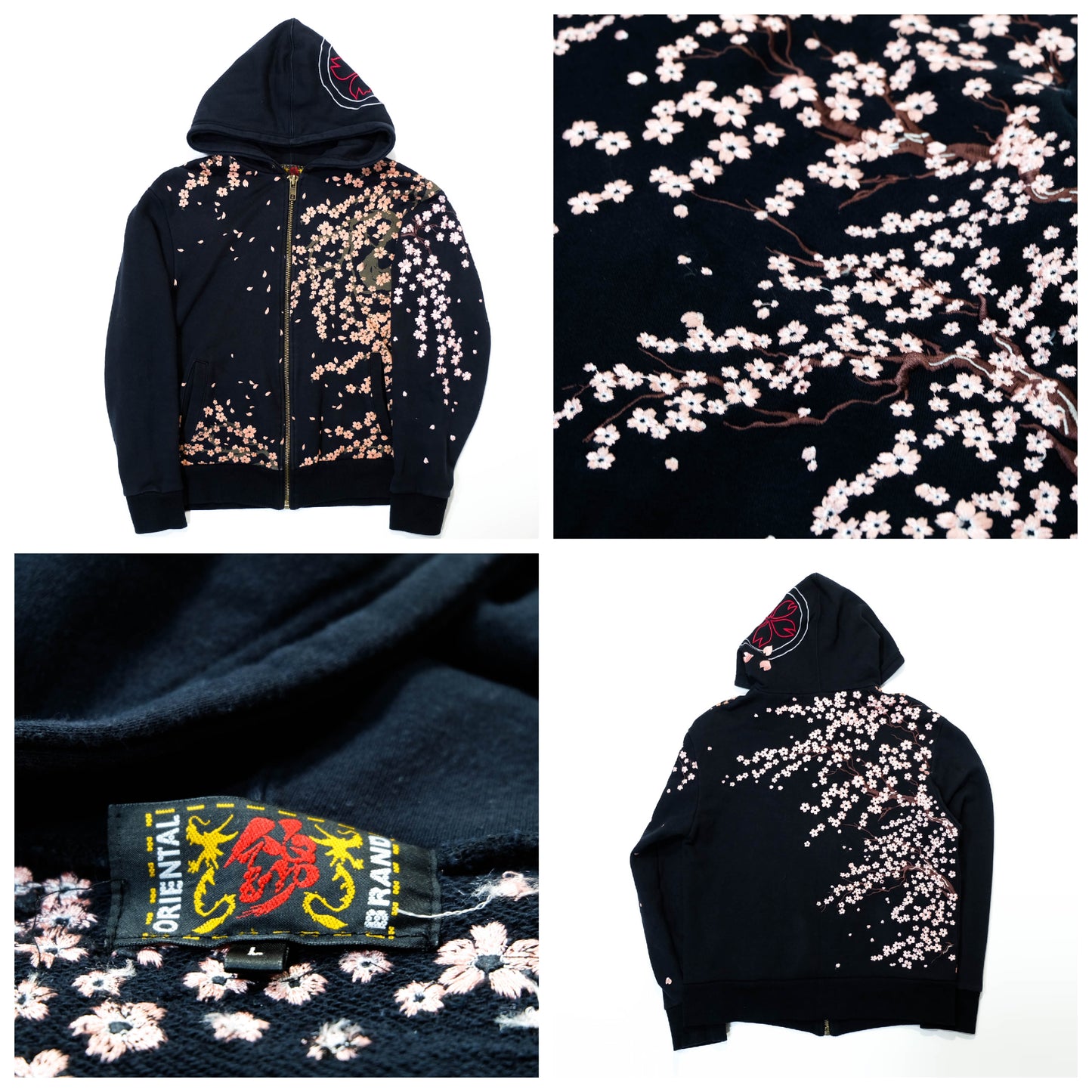Elegant Japanese Streetwear Hoodie with Cascading Sakura Branch Embroidery, Falling Petals and Wagara-Inspired Floral Art