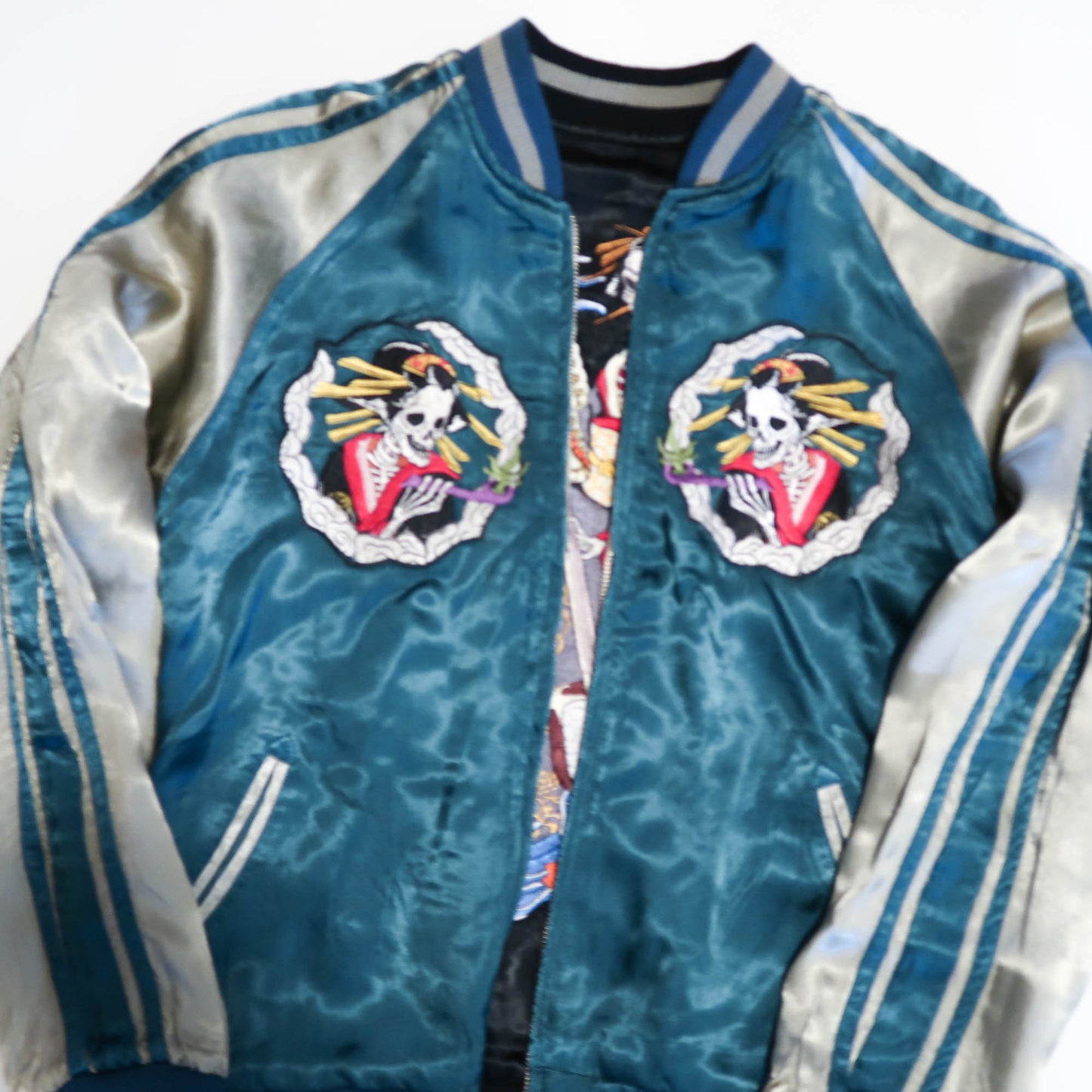 Skeleton Geisha Shamisen Sukajan Jacket | Japanese Punk Rockabilly Embroidered Souvenir Bomber Jacket