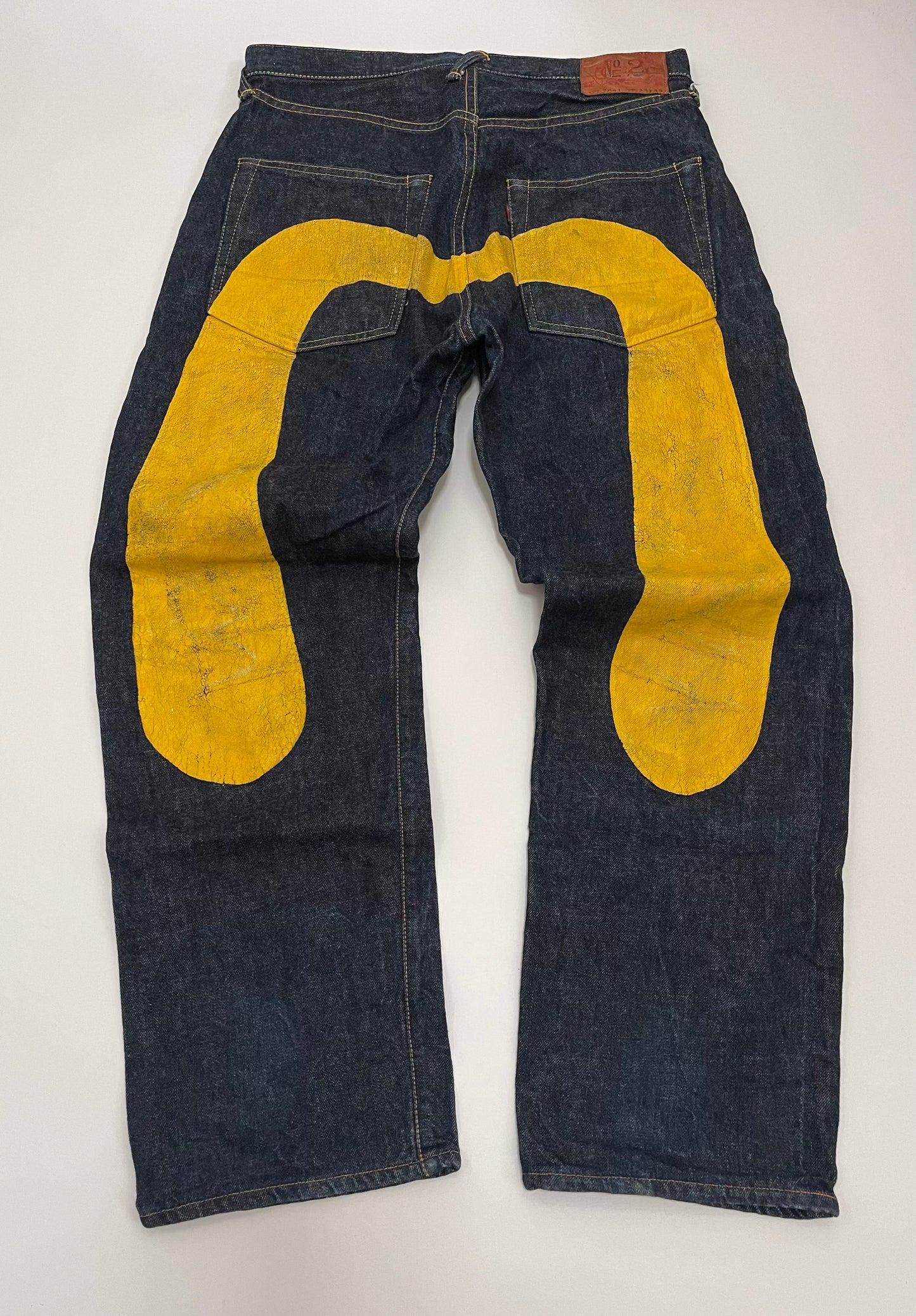 Vaqueros de denim con pintura amarilla Yamane de EVISU Genes Osaka, ropa urbana japonesa Amekaji, talla 33 x 35 pulgadas