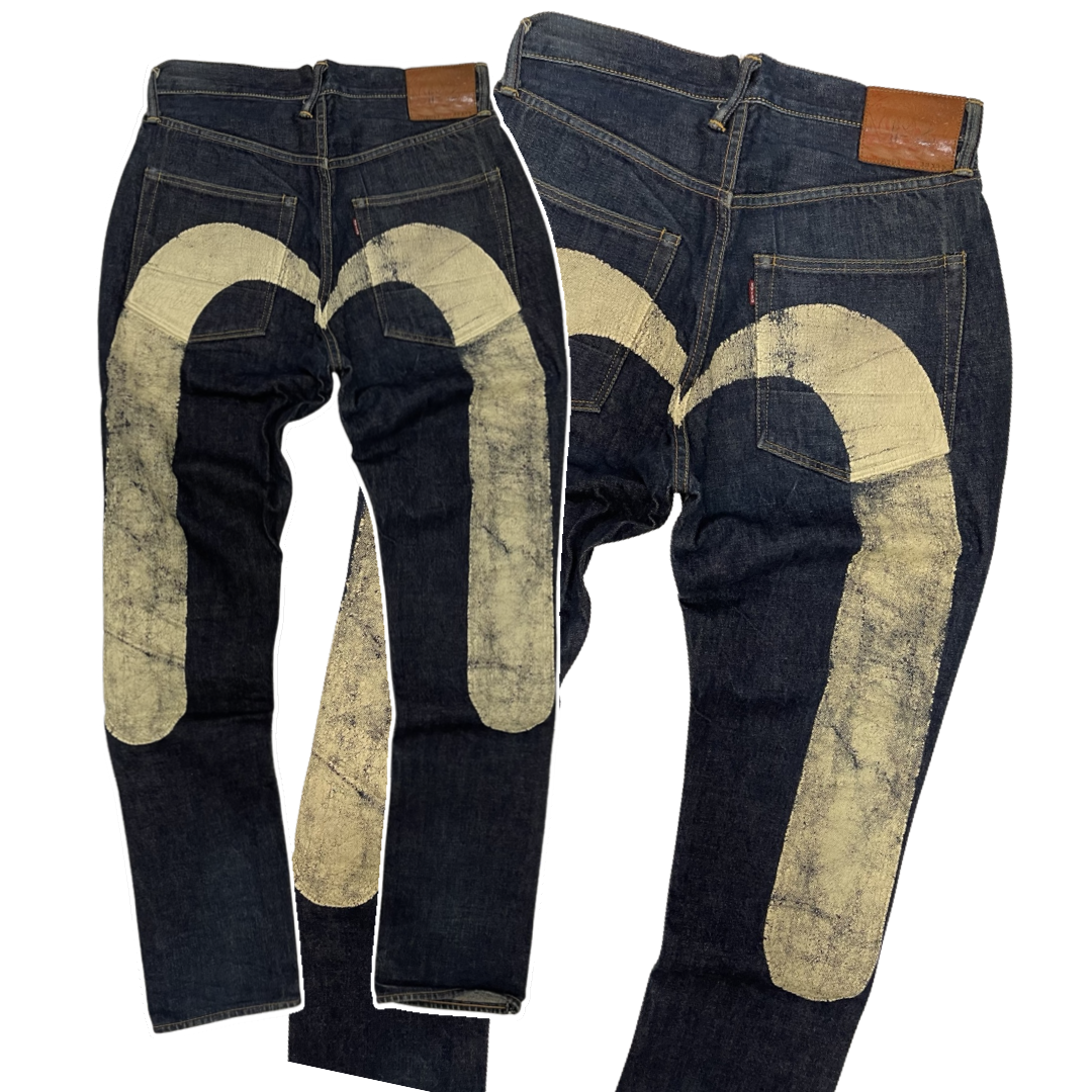 Japanese Amekaji Evisu Genes Osaka White Paint Denim Jeans 33 x 35 Japanese Amekaji Evisu Genes Osaka White Paint Denim Jeans 33 x 35