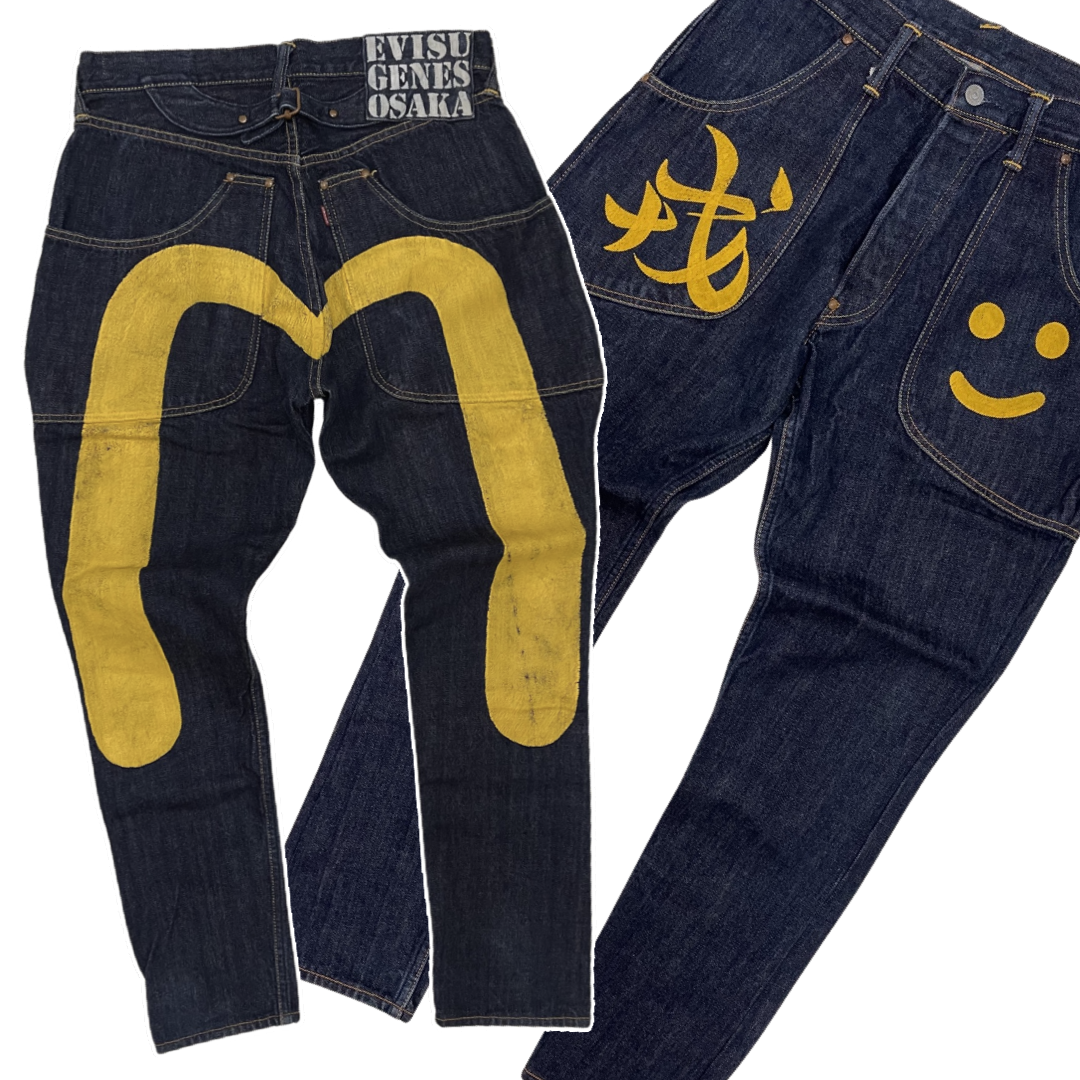 Japanese Amekaji Evisu Genes Osaka Kanji Yellow Paint Denim Jeans Japanese Amekaji Evisu Genes Osaka Kanji Yellow Paint Denim Jeans