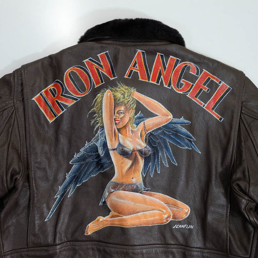 Vintage 1977 U.S. Navy G-1 Flight Jacket “IRON ANGEL” Custom Pin-Up Painted Leather Bomber | Ralph Edwards Sportswear MIL-J-7823E | Size 44