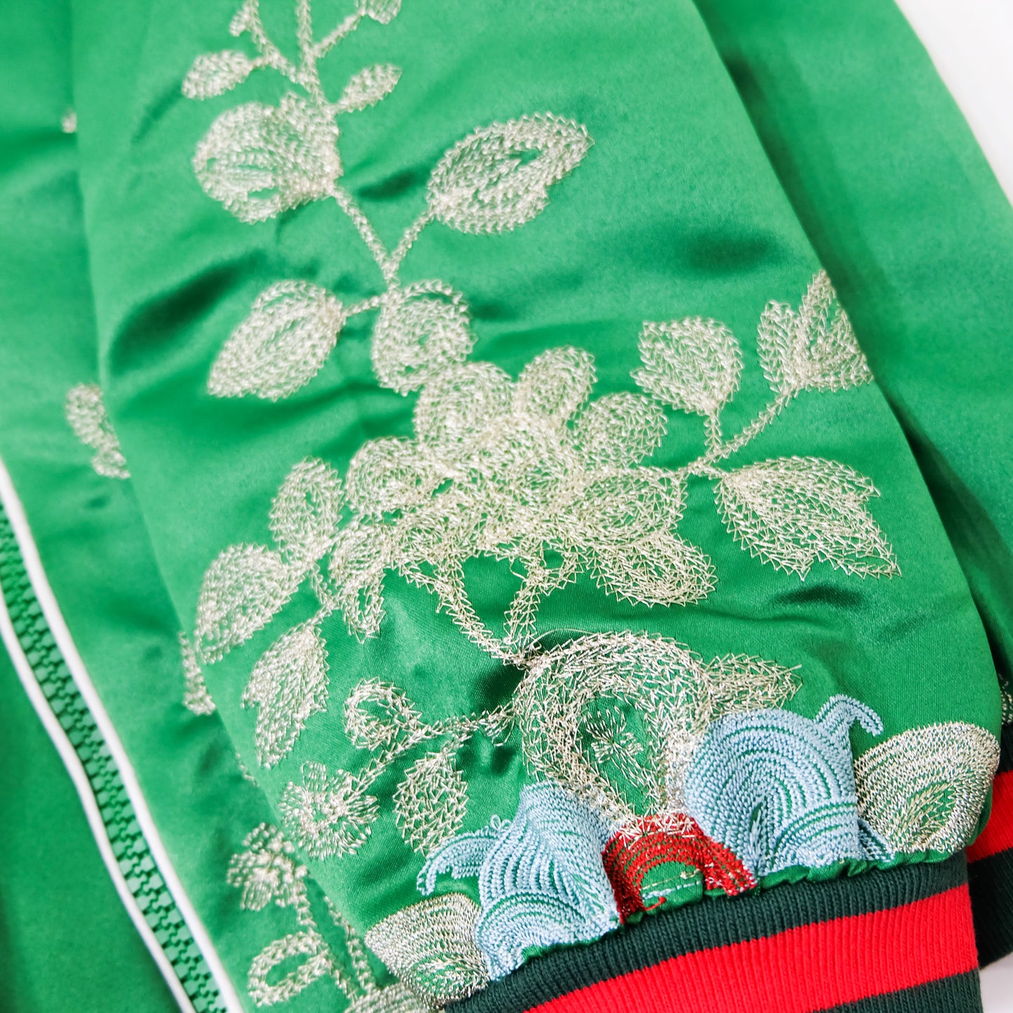Vintage Japanese Green Botanical Embroidered Satin Souvenir Bomber Jacket | Silver Floral Vine Sukajan Style | Red Black Rib Trim