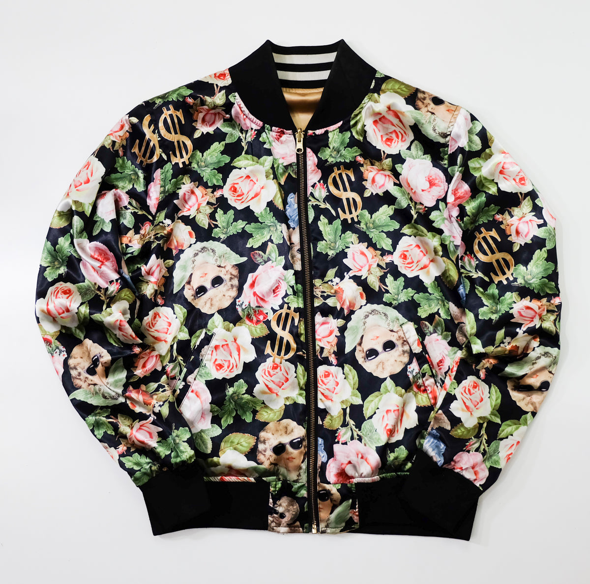 JOYRICH Reversible Cherub Rose Dollar Floral Satin Varsity Jacket | Gold Black Japanese Streetwear Bomber