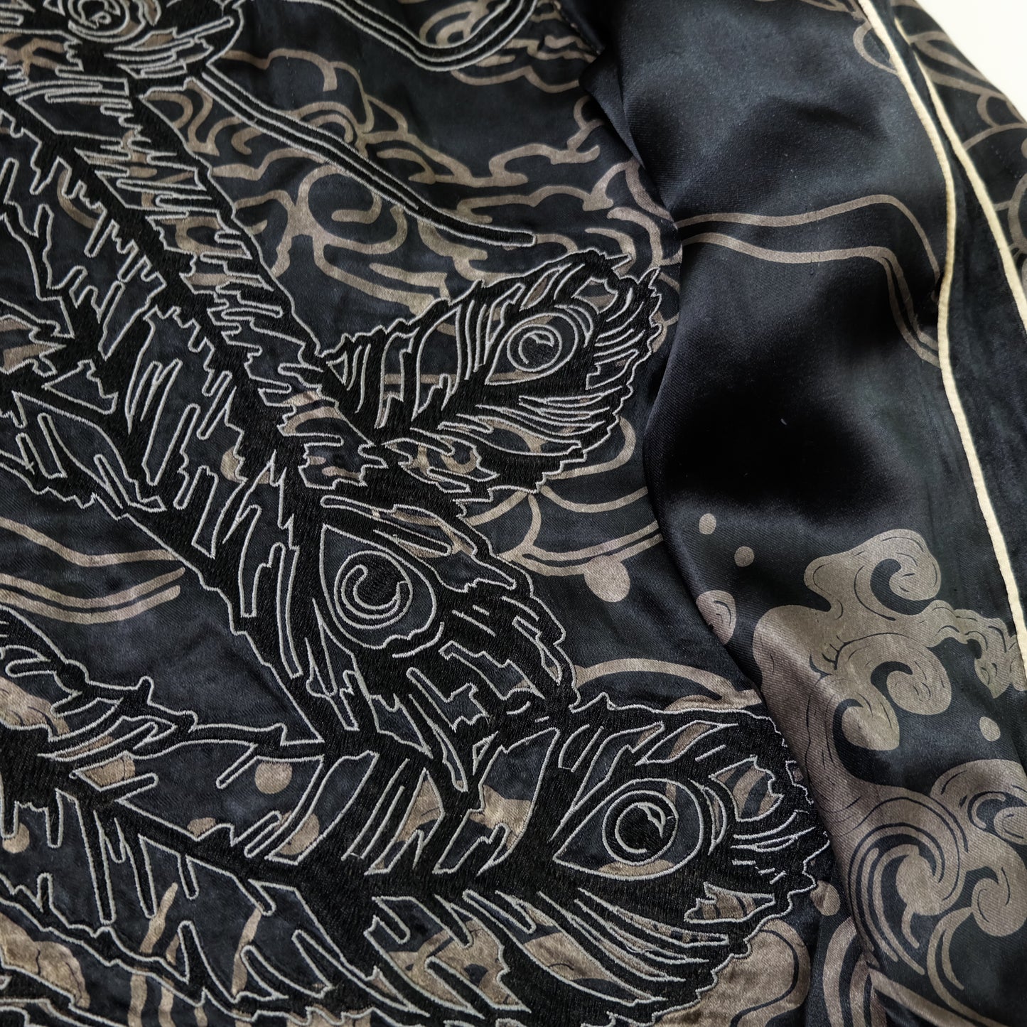 Miyabi Musubi Reversible Japanese Sukajan Tiger Sakura Koi Dragon Phoenix Embroidered Souvenir Jacket | Black Ivory Wagara Bomber