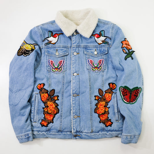L’Aveugle Par Amour Tiger Embroidered Sherpa Denim Custom Patches Jacket | Butterfly Rose Bird Patch Trucker Coat | Maximalist Streetwear