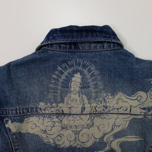 Japanese Wagara Buddha & Skull Memento Mori Denim Jacket | Buddhist Nirvana Skeleton Cloud Art Japanese Jeans Trucker Jacket | Size L