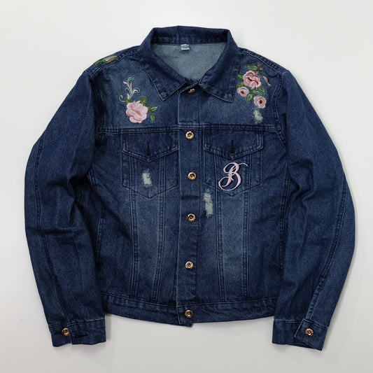 Japanese Enchanted Rose Phoenix Embroidered Denim Jacket | Wagara Bird Floral Jean Trucker Jacket | Free Size M–L