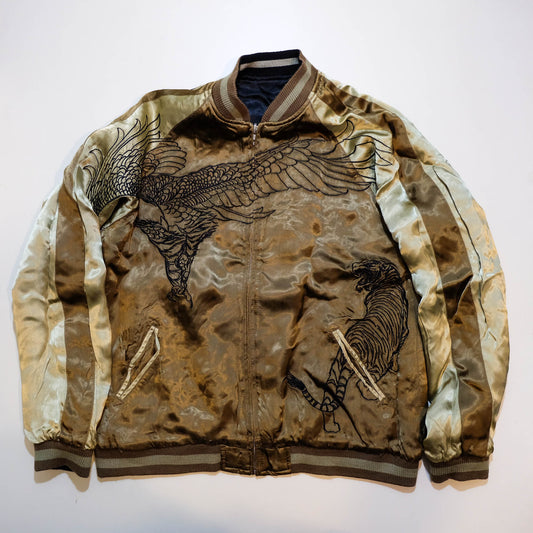 Black & Gold Tiger × Eagle Sukajan Jacket Japanese Souvenir Bomber Jacket with Kacho-Fugetsu Inspired Animal Embroidery Size L