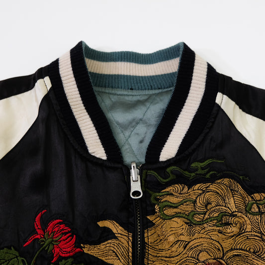 Japanese Appearance Tengoku Tenka Dragon Chrysanthemum Kiku Floral Reversible Sukajan Jacket M | Black Ivory Embroidered Yokosuka Souvenir Bomber