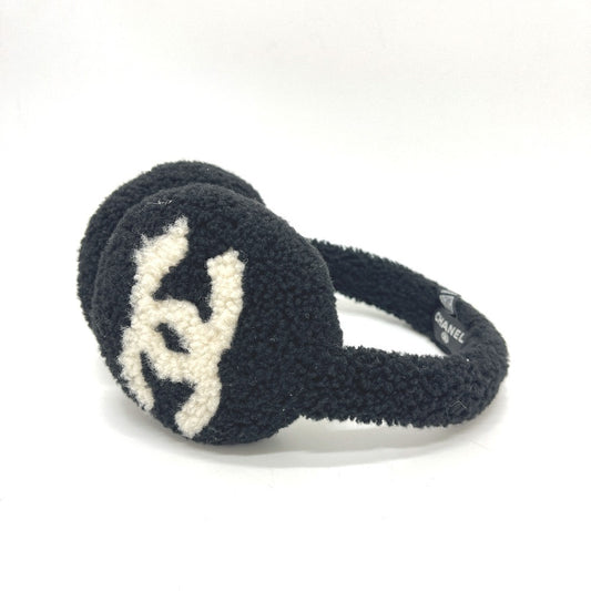 Chanel 25B Oversized CC Shearling Earmuffs, Black and Ivory, Like New with Box, view 2
