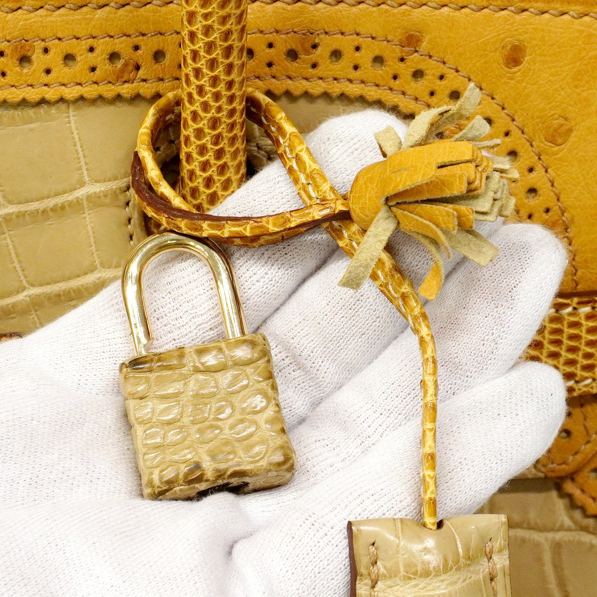 Hermès Birkin 30 Ghillies in Matte Niloticus Crocodile, Ostrich and Lizard, Tabac Camel and Sésame, Q Stamp 2013, view 10