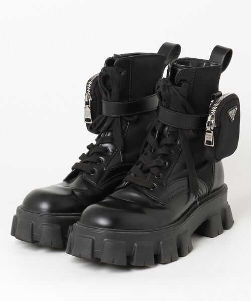 Prada Monolith Brushed Leather and Re-Nylon Combat Boots with Pouch, Black, Men's Size 6, view 1