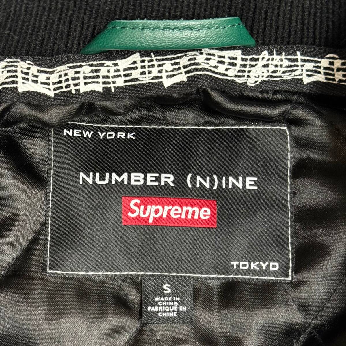 Supreme x Number (N)ine FW25 Mickey Varsity Jacket, Wool Body with Green Leather Sleeves, Black, Size S, view 7