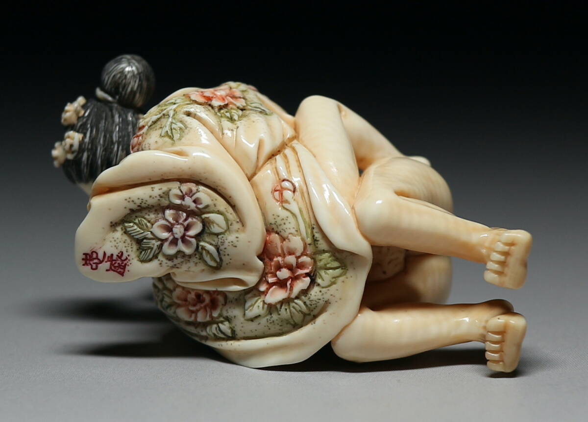 Mammoth Ivory Shunga Erotic Sculpture — Explicit Couple Scene, Japanese Micro-Carving Art