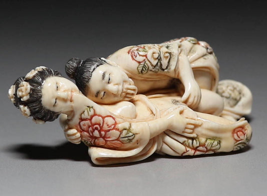 Japanese Erotic Shunga Sculpture — Mammoth Ivory Hand-Carved Intimacy Scene