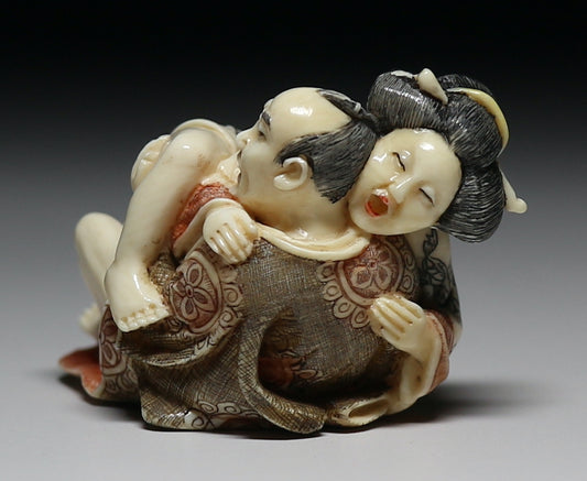 Japanese Mammoth Ivory Shunga Sculpture — Reclining Lovers, Erotic Micro-Art