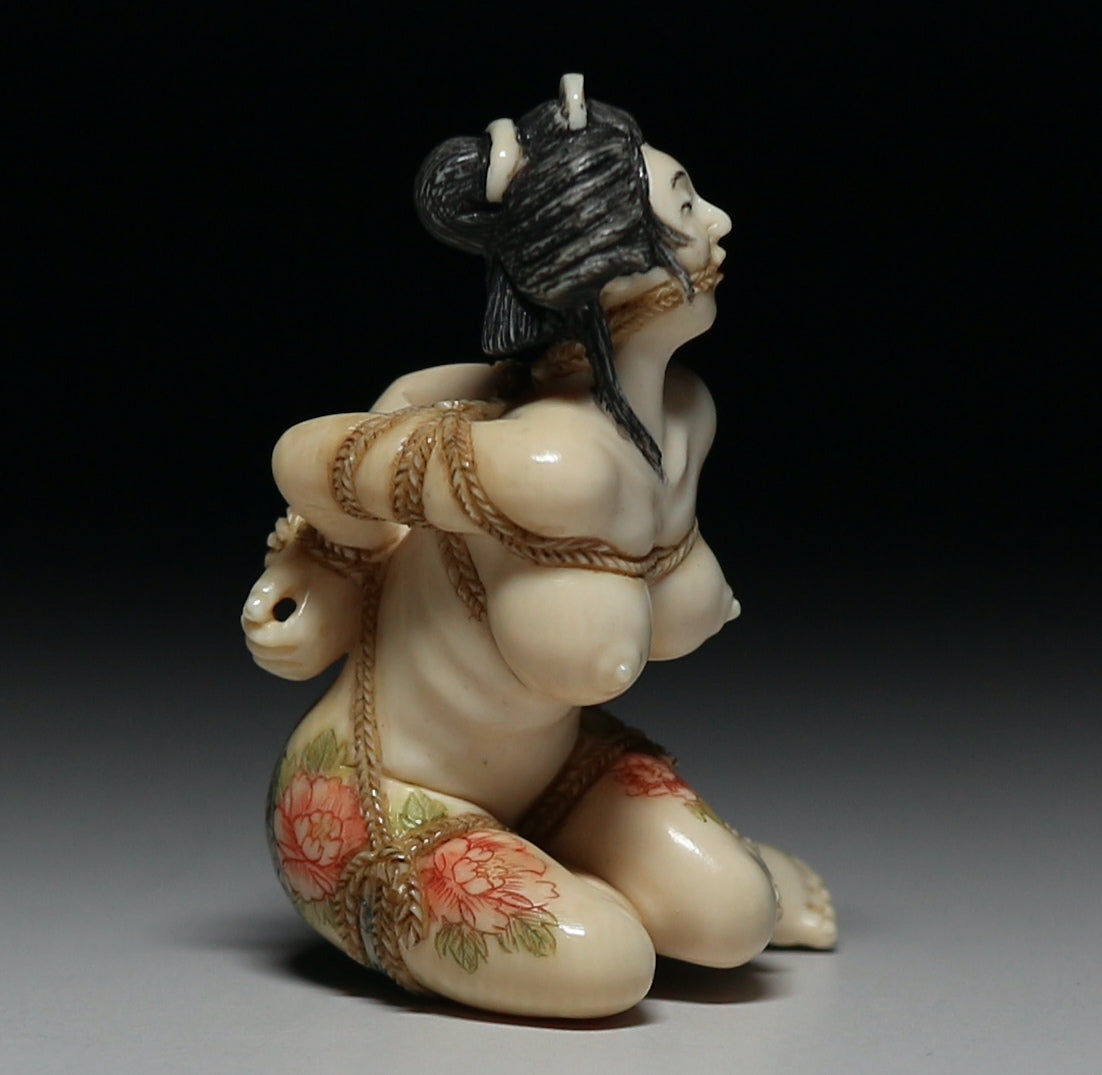Japanese Shunga Erotic Sculpture in Mammoth Ivory — Rope-Bound Rope Bondage Shibari Art Female Figure, Hand-Carved Art Object