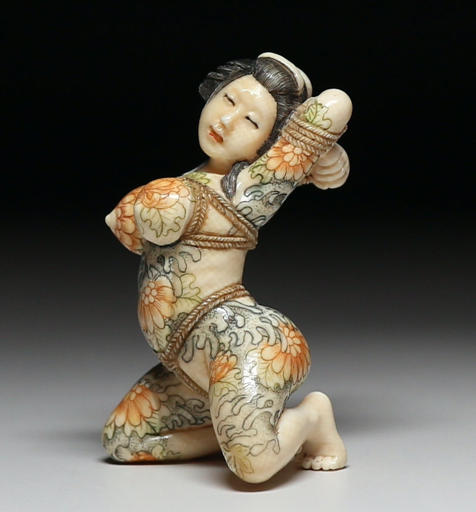 Japanese Shunga Erotic Sculpture in Mammoth Ivory — Hand-Carved Figural Nude in Shibari Rope Bondage Art, Modern Masterwork