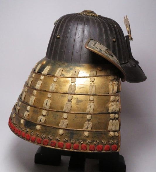 Authentic Edo Period Japanese Samurai Kabuto Helmet — Signed Bizen Muneji — Iron Plate Bowl with Gilt Maedate Crest and Shikoro Neck Guard, Museum-Grade Armor
