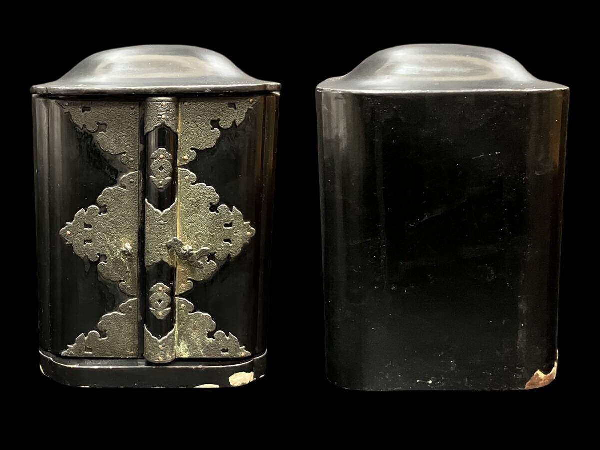 Edo Period Giltwood Portable Zushi Shrine — Nichiren Shonin with Triratna (Sanbōson), Black Lacquer & Gold, Japan