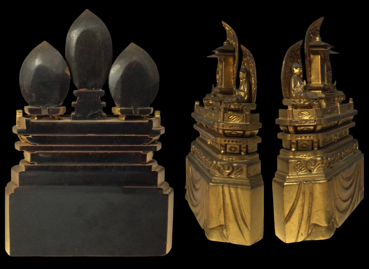 Nichiren Sect Triad Altar with Hand‑Painted Wooden Nichiren Figure | Gilt Lacquer Buddhist Altar | Edo–Meiji Period