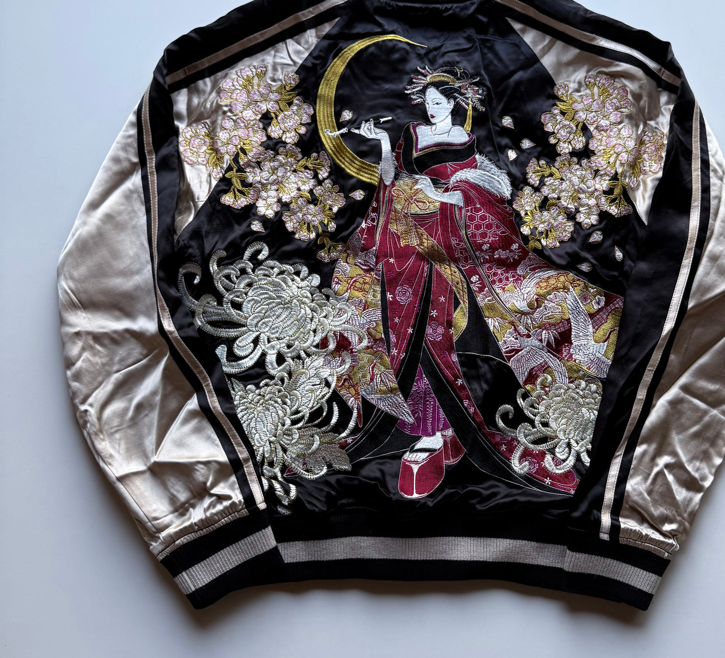 Oboro Oiran Sukajan Jacket Japanese Geisha Embroidered Cherry Blossom Chrysanthemum Moon Satin Bomber Size L