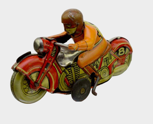 1950s T.N. Nomura Tin Motorcycle with Rider — Japanese Wind-Up Toy after Schuco