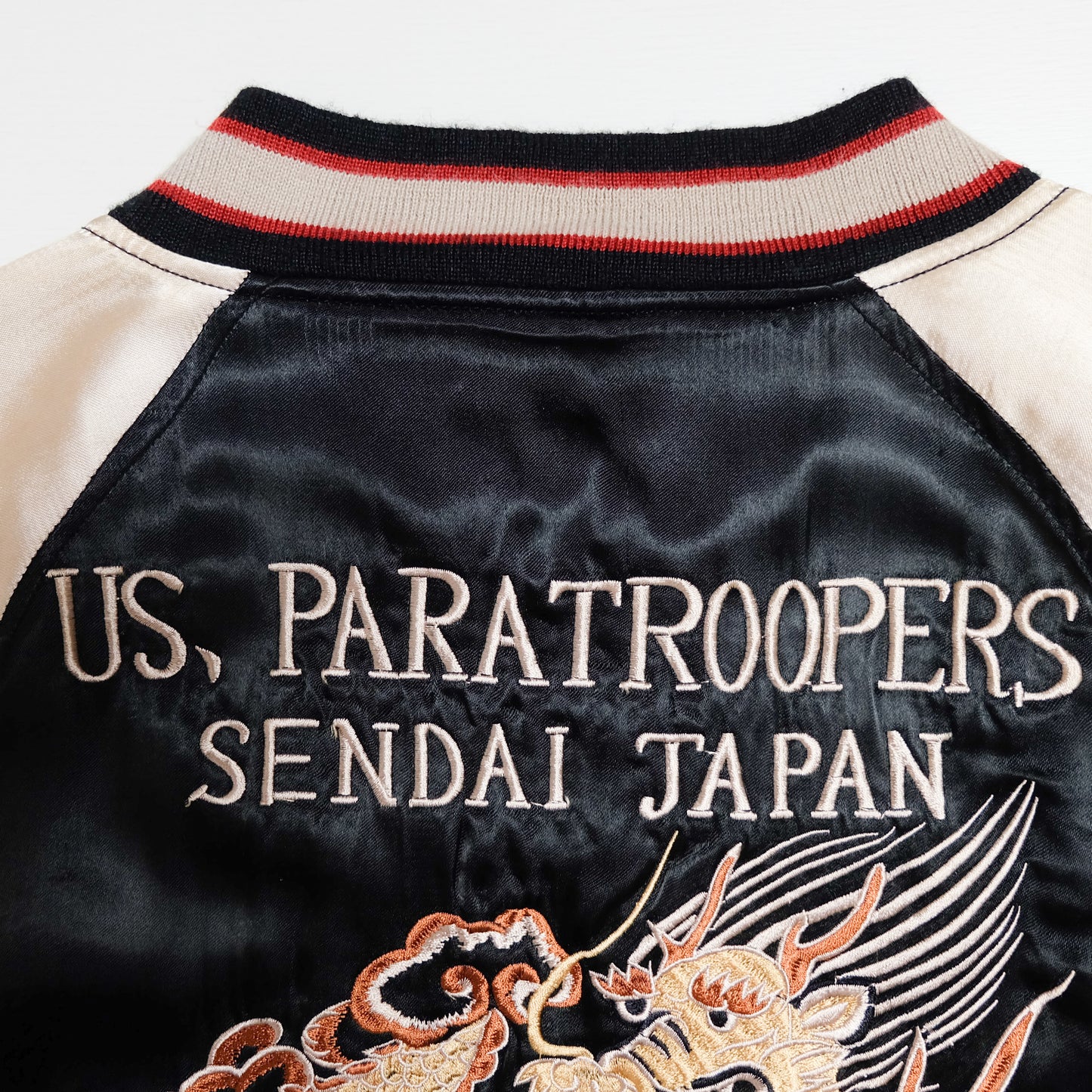 HOUSTON Japan U.S. Paratroopers 188 PIR 11th Airborne Sendai Dragon Sukajan Souvenir Jacket | Black Ivory Satin | Size M