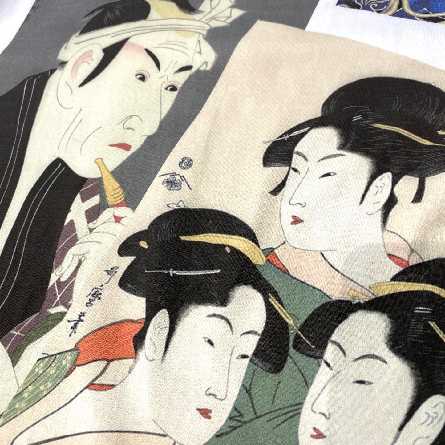 Bespoke Hypebeast Japanese Vintage Wagara Ukiyoe Samurai Kabuki Geisha Sharaku Hokusai Wave Style Handmade Graphic Custom COTE MER Upcycle Sustainable Street Fashion Kimono Obi Boro Design Remake Tops Print T Tee Shirt ( Size : L )