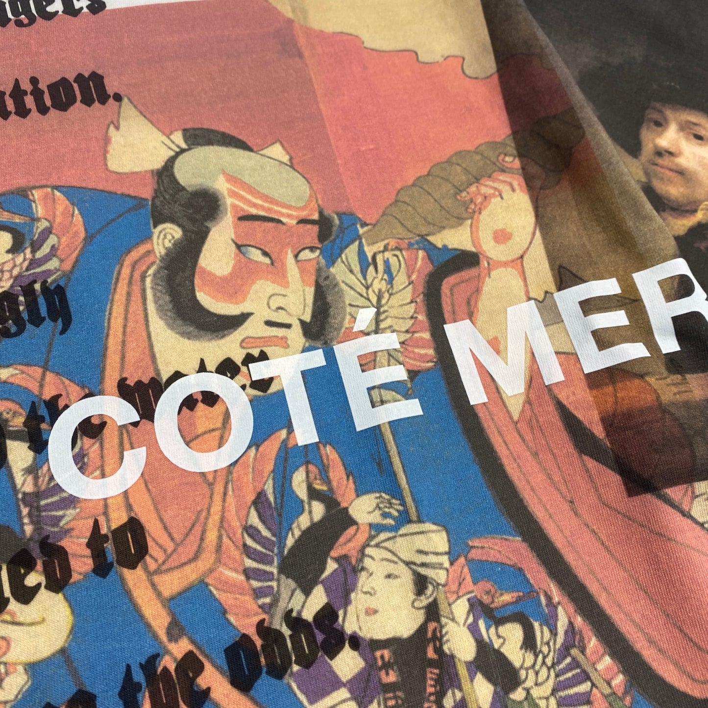 Bespoke Hypebeast Japanese Vintage Wagara Ukiyoe Samurai Kabuki Style Handmade Graphic Custom COTE MER Upcycle Sustainable Street Fashion Kimono Obi Boro Design Remake Tops Print T Tee Shirt ( Size : L )