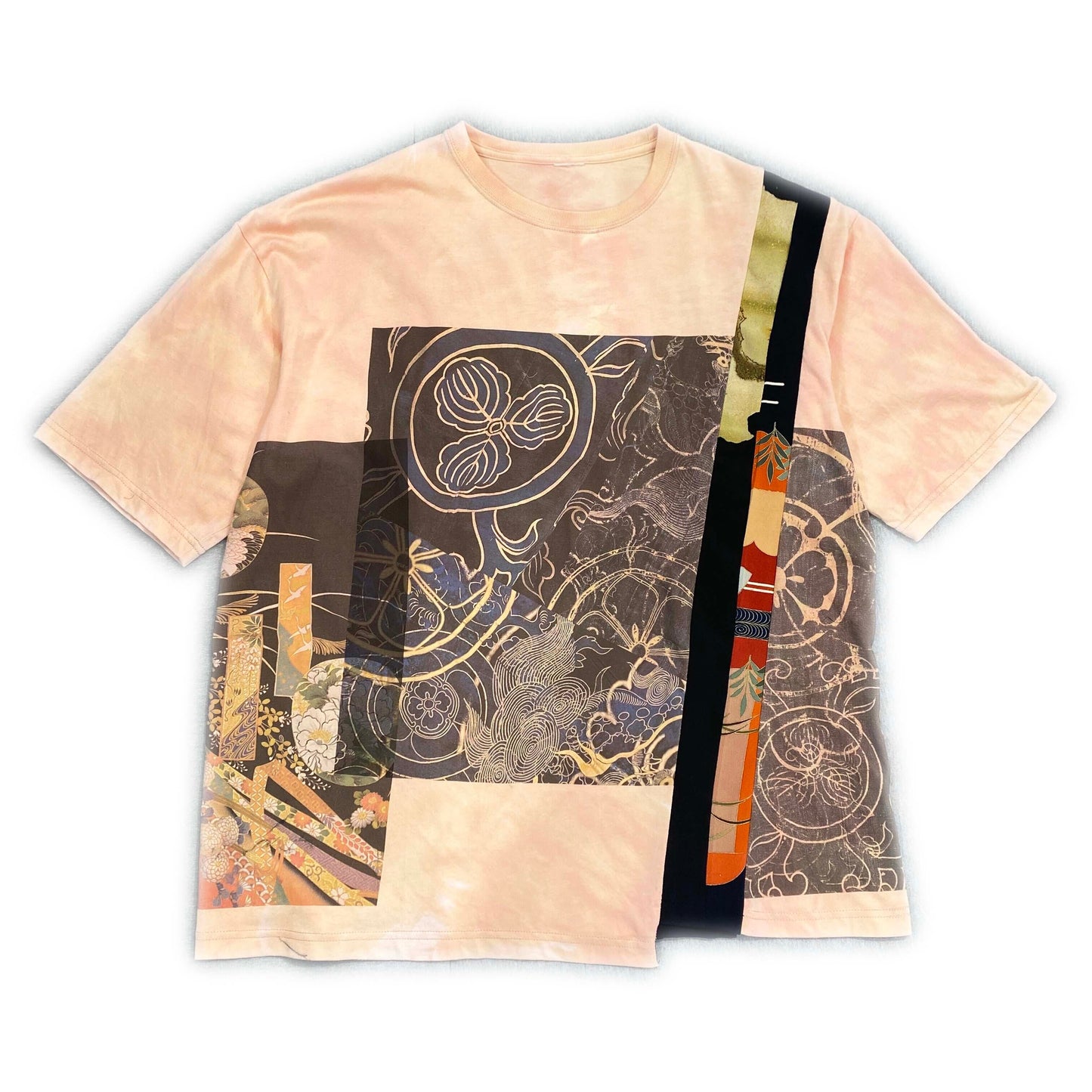 Bespoke Hypebeast Japanese Vintage Style Handmade Graphic Custom COTE MER Upcycle Sustainable Street Fashion Kimono Obi Boro Design Print Remake Tops Tee T Shirt ( Size : L )